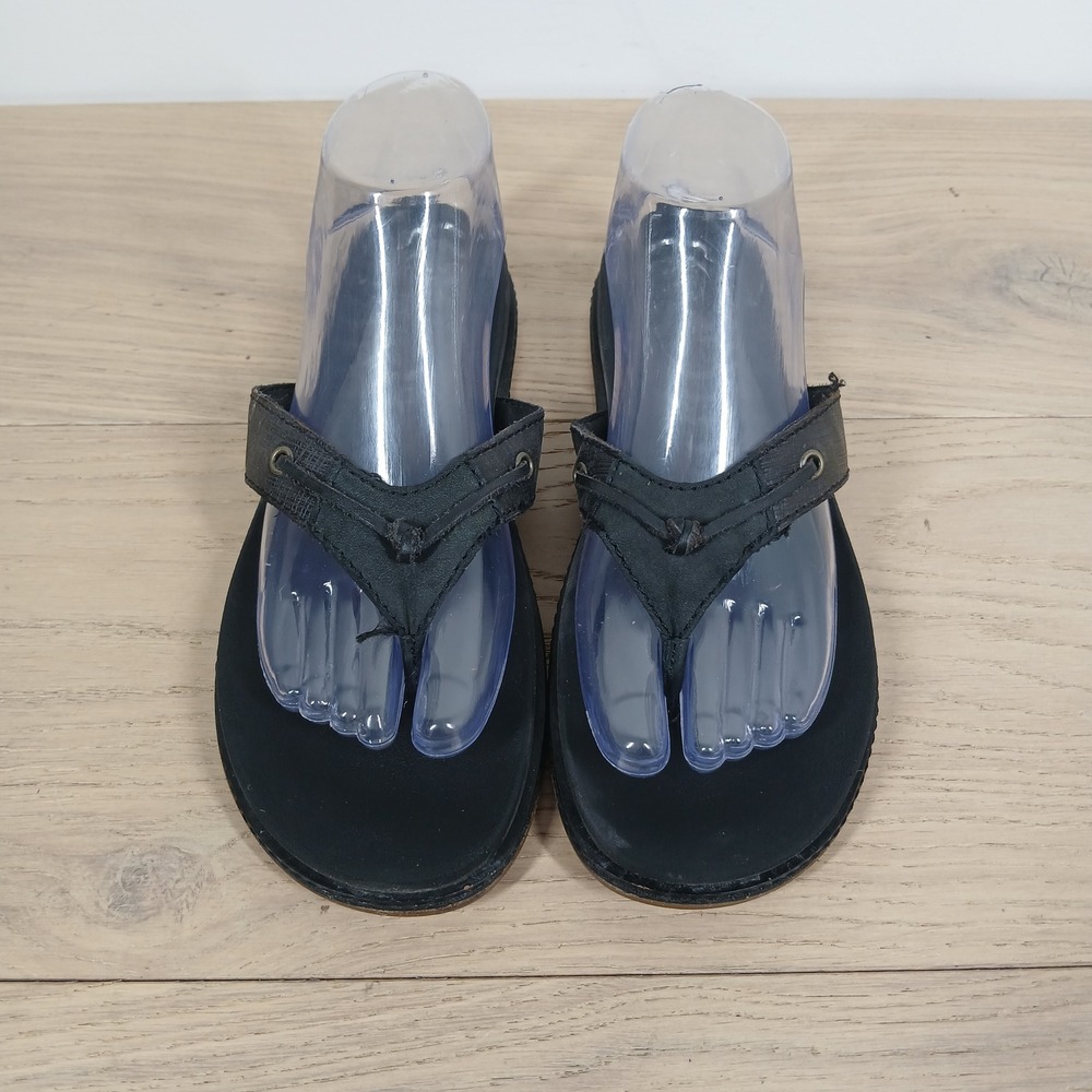 Sperry Sandals Women 8M Black Leather Thong Flat Coastal Nautical Resort